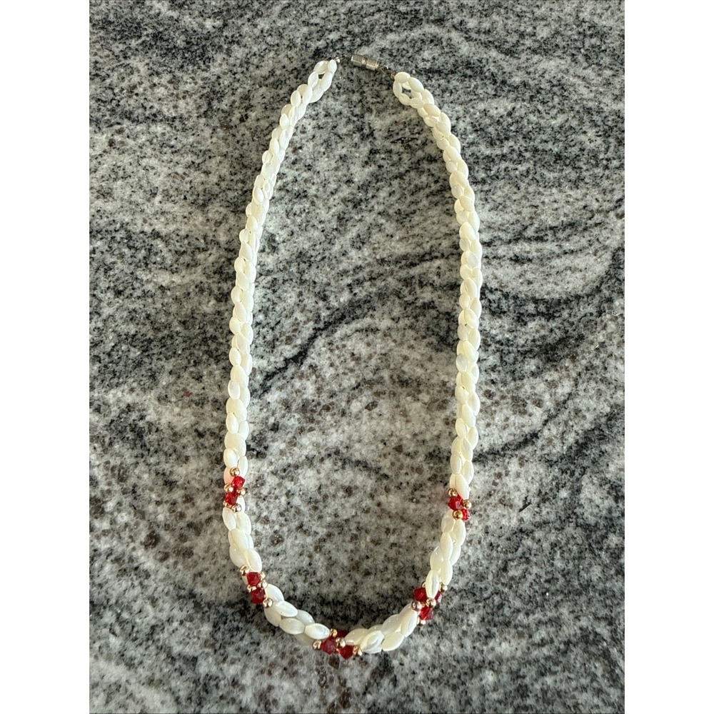 Vintage Triple Strand Braided Red Bead MOP Rice‎ Pearl Necklace 18"